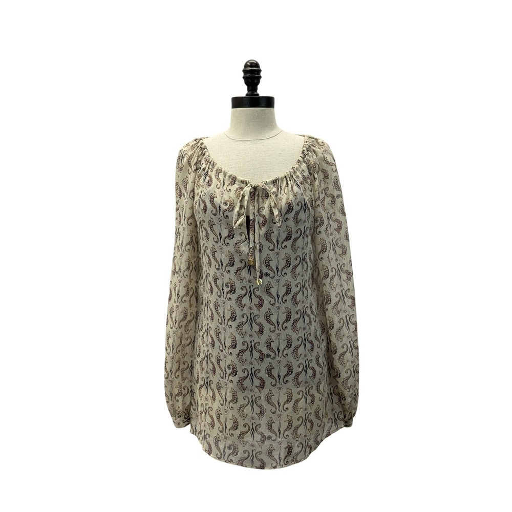 Tory Burch Blouse Womens 6 Cream Excellent Silk Seahorse Print Top